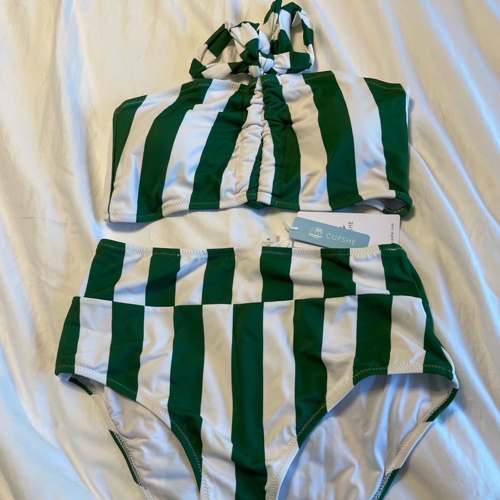 Cupshe Green and White Striped High Waisted Bikini New Medium